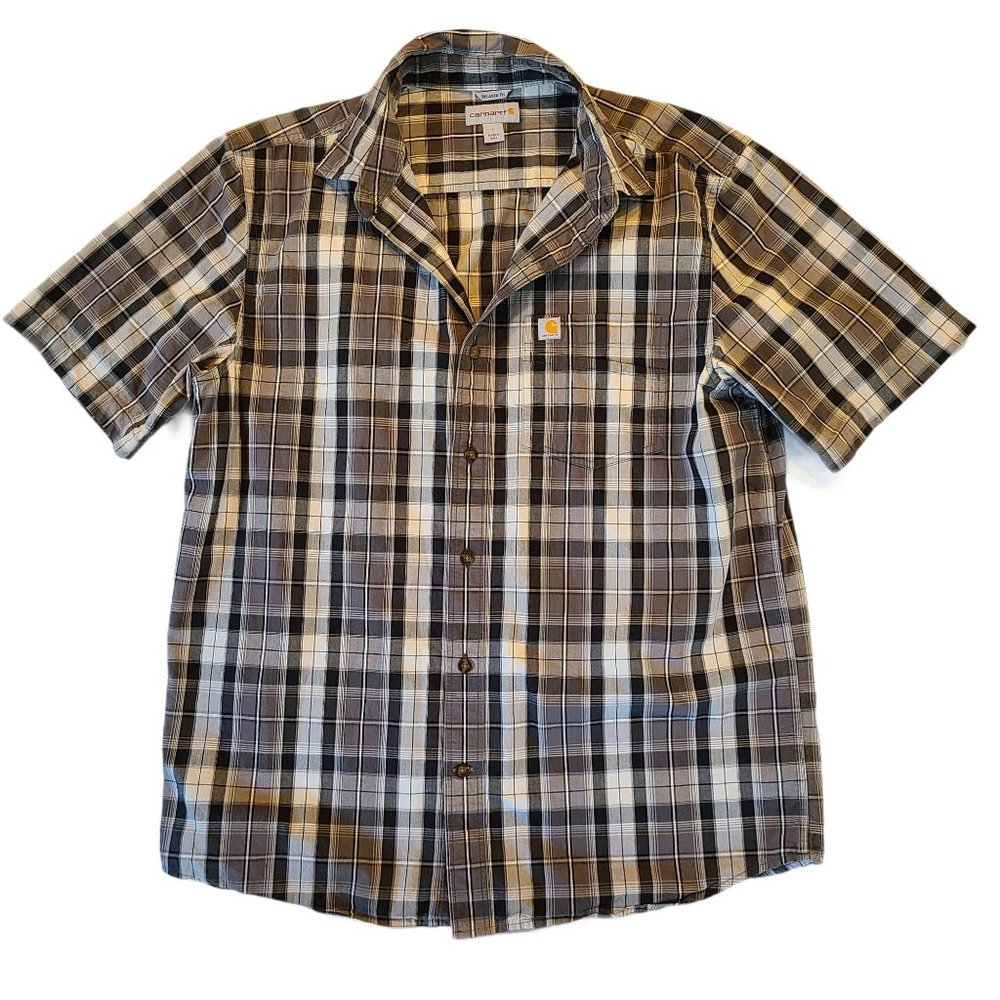 Carhartt Men's Button Down Shirt Size Large Short Sleeve Brown Plaid 100% Cotton